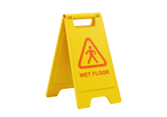 Yellow wet floor sign isolated on transparent background, caution warning for slippery surface and safety hazard PNG