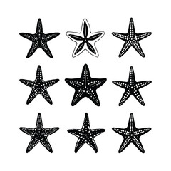 Vector silhouettes of starfish in various forms, black and white, simple line art style 38.eps