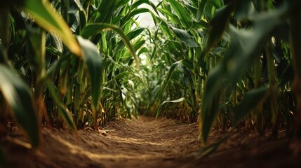 Obraz premium A scenic low-angle perspective through rows of green corn plants with visible dry soil path, lit by natural sunlight.