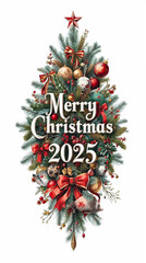 Merry Christmas 2025 Vertical Design with Festive Tree, Ornaments and Bows
