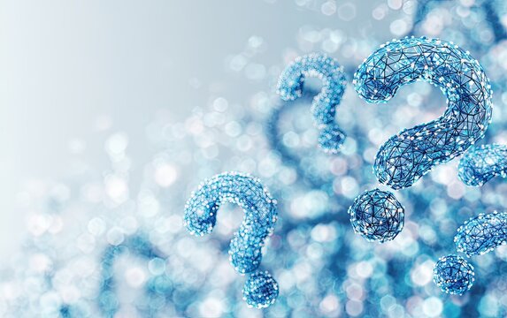 Abstract image featuring several bright, blue question marks with a blurred bokeh background - Powered by Adobe