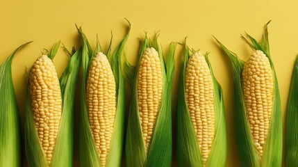 Fresh corn cobs with green husks on yellow background