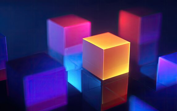 Abstract rendering of neon-lit, transparent cubes on a reflective surface, showcasing vivid colors