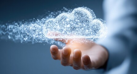 Hand holds a glowing cloud shape, representing digital data and network connections