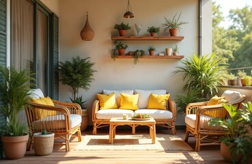 Fototapeta premium Cozy balcony with rattan furniture, yellow cushions, and potted plants creates an inviting outdoor living space. This relaxing area offers a serene spot for relaxation and enjoyment.