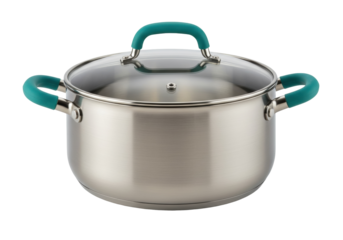 Stainless steel stock pot with glass lid isolated, cookware for cooking and food preparation, kitchen utensil
