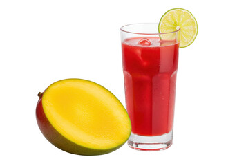 Refreshing red fruit juice with lime and mango isolated, tropical drink for summer refreshment and healthy lifestyle