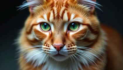 Orange tabby cat with vibrant green eyes. Close up face portrait. Domestic feline with detailed fur texture and long white whiskers in studio setting.