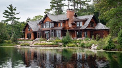 Obraz premium Rustic wooden lake house with stone foundation surrounded by forest at dusk.