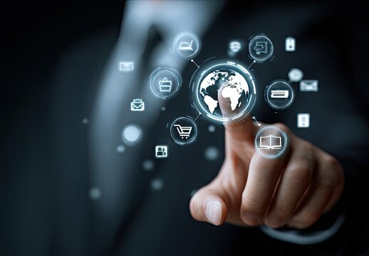 A hand touches a glowing globe surrounded by digital icons. Focus is on futuristic network