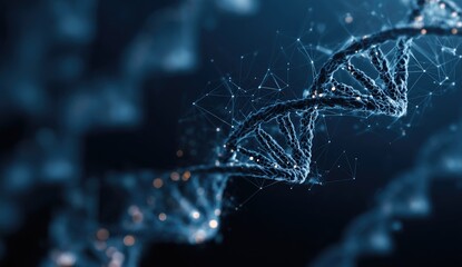 Abstract, close-up view of a double helix structure with connected points, set on dark background