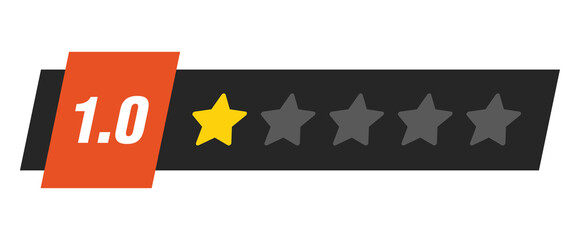 One star rating bar with numeric label 1.0 in red badge design, lowest customer review feedback score symbol, PNG with transparent background