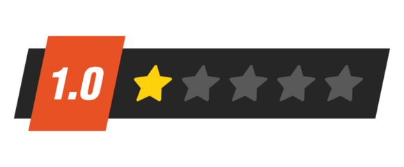 One star rating bar with numeric label 1.0 in red badge design, lowest customer review feedback score symbol, PNG with transparent background