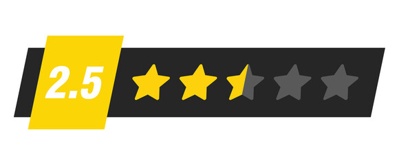 Two and a half star rating bar with numeric label 2.5 in yellow badge design, below average review feedback score, PNG with transparent background
