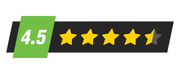 Four and a half star rating bar with numeric label 4.5 in green badge design, high customer review feedback score, PNG with transparent background