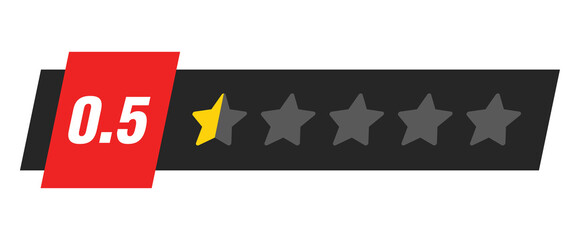 Half star rating bar with numeric label 0.5 in red badge design, very poor review feedback score and lowest trust rating, PNG with transparent background