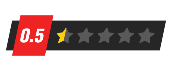 Half star rating bar with numeric label 0.5 in red badge design, very poor review feedback score and lowest trust rating, PNG with transparent background