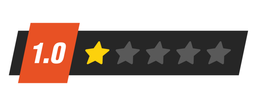One star rating bar with numeric label 1.0 in red badge design, lowest customer review feedback score symbol, PNG with transparent background