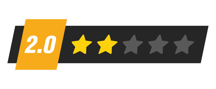 Two star rating bar with numeric label 2.0 in orange badge design, poor customer review feedback score, PNG with transparent background