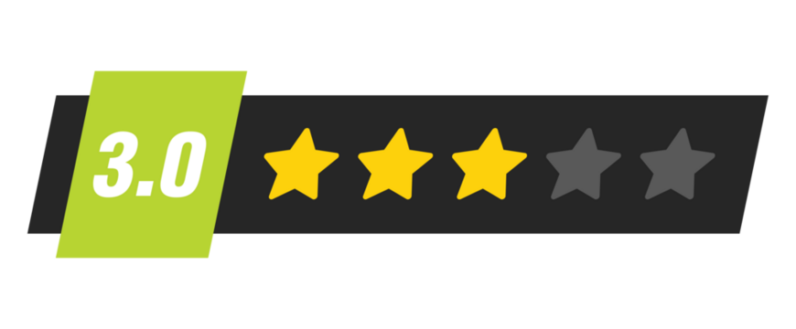 Three star rating bar with numeric label 3.0 in yellow badge design, average customer feedback score symbol, PNG with transparent background