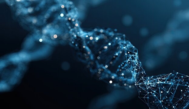 Abstract representation of a DNA helix in blue hues, intricate design with glowing dots