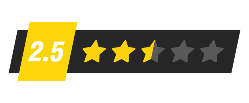 Two and a half star rating bar with numeric label 2.5 in yellow badge design, below average review feedback score, PNG with transparent background