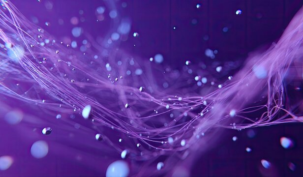 Abstract digital illustration of flowing strings and scattered water droplets against a violet background