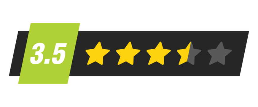 Three and a half star rating bar with numeric label 3.5 in green badge design, medium high review score symbol, PNG with transparent background