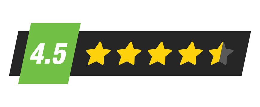 Four and a half star rating bar with numeric label 4.5 in green badge design, high customer review feedback score, PNG with transparent background