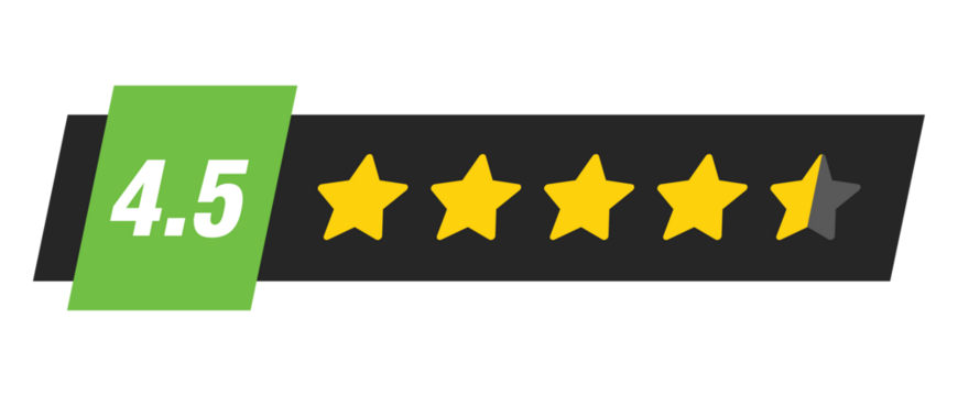 Four and a half star rating bar with numeric label 4.5 in green badge design, high customer review feedback score, PNG with transparent background