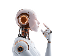 Futuristic AI robot contemplates innovation, symbolizing advanced technology and intelligent solutions for future progress