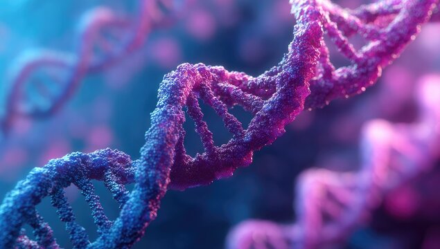 Rendered illustration of a close-up view of a double helix DNA strand, gradient color