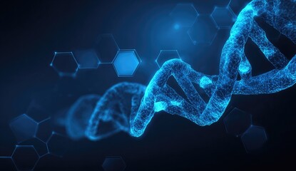 A glowing blue DNA strand spirals against a dark background with hexagonal shapes