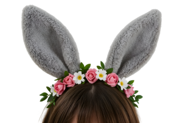 Grey fuzzy bunny ears with pink roses and white flowers isolated on a transparent background