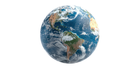 A photorealistic depiction of planet Earth suspended against a stark, black background