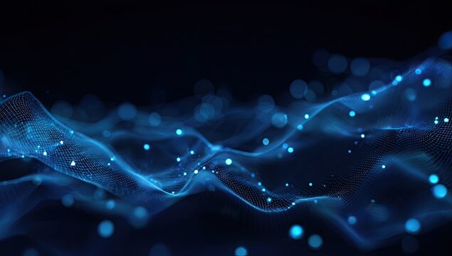 Digital wave with glowing particles against a dark backdrop, evoking a futuristic ambiance