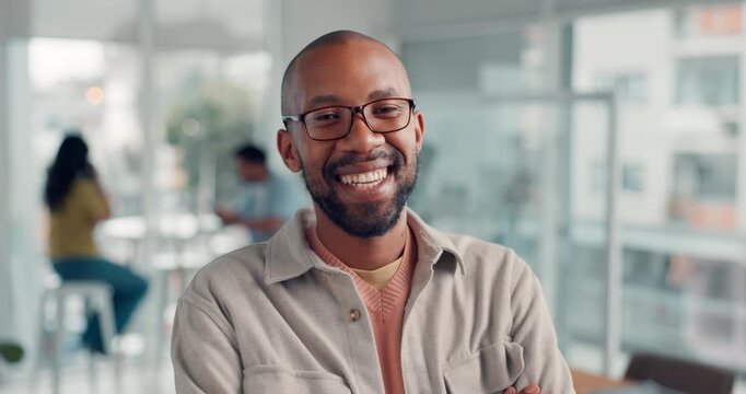 Crossed arms, smile and face of businessman in office with confidence for creative career. Laugh, happy and portrait of professional magazine editor with pride for publishing at startup workplace.