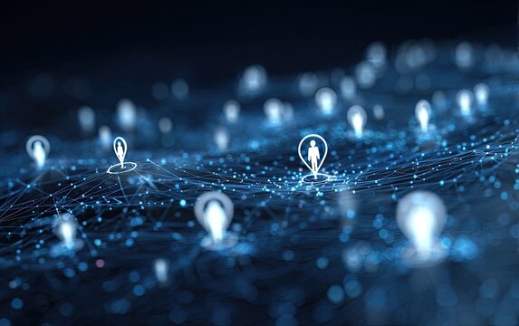 Abstract digital landscape showing pin icons representing people, connected by luminous lines, in blue tones