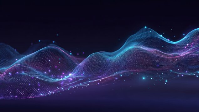 Abstract digital waveform with particle effects and glowing lights against a dark background