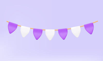Purple and White flag garland welcome congratulation event fair isolated on pastel background. Bunting theme party festival surprise rope decor design feast celebration. 3D vector icon illustration