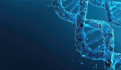 A digital representation of a DNA double helix, rendered in a network style on a deep blue background
