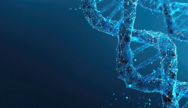 A digital representation of a DNA double helix, rendered in a network style on a deep blue background