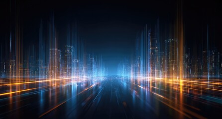 Futuristic cityscape with glowing lines & buildings, depicting advanced technology & connectivity