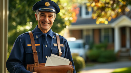 A friendly mail carrier in a traditional uniform delivering letters from a leather satchel in suburban neighborhood