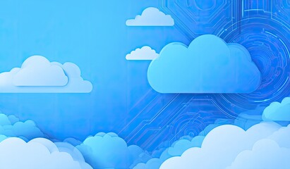 A whimsical depiction of fluffy, stylized clouds floating in a vibrant, gradient blue sky