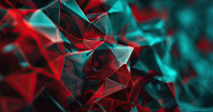 Abstract geometric composition of interconnected, translucent triangular planes in teal and red hues