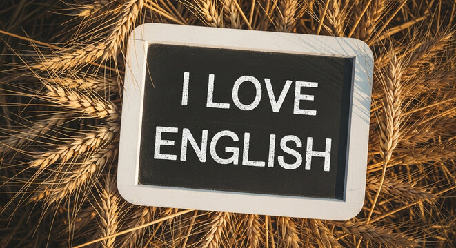 Chalkboard with i love english message nestled in a field of wheat