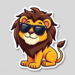 Fototapeta premium Cool cartoon lion wearing sunglasses sits confidently. This playful jungle cat illustration is perfect for kids designs stickers or as a fun graphic element for apparel.