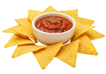 Delicious bowl of salsa with tortilla chips isolated on transparent background, traditional Mexican appetizer for party or snack