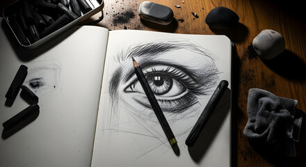 An overhead, moody shot of an artist's sketchbook open to a realistic charcoal drawing of an eye.